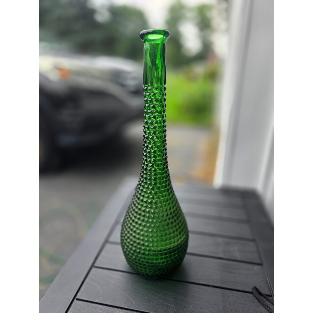 Vintage Emerald‎ Green Hobnail Genie Bottle Glass Decanter Vase 15.5 Inch MCM